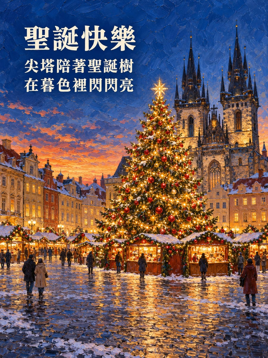 布拉格老城聖誕樹。圖中文字：聖誕快樂，尖塔陪著聖誕樹，在暮色裡閃閃亮