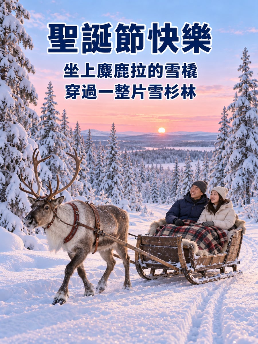拉普蘭麋鹿雪橇。圖中文字：聖誕節快樂，坐上麋鹿拉的雪橇，穿過一整片雪杉林