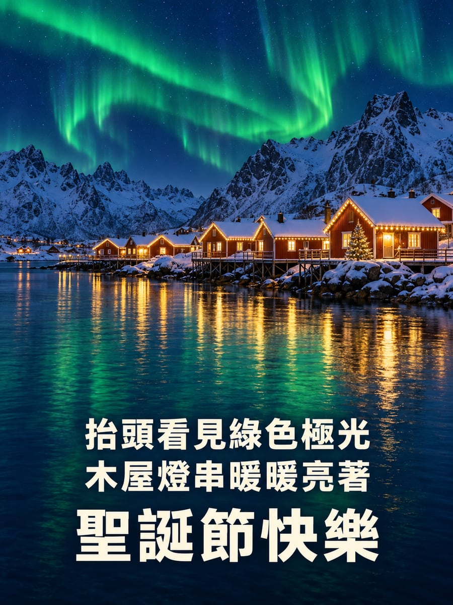 挪威極光漁村。圖中文字：聖誕節快樂，抬頭看見綠色極光，木屋燈串暖暖亮著