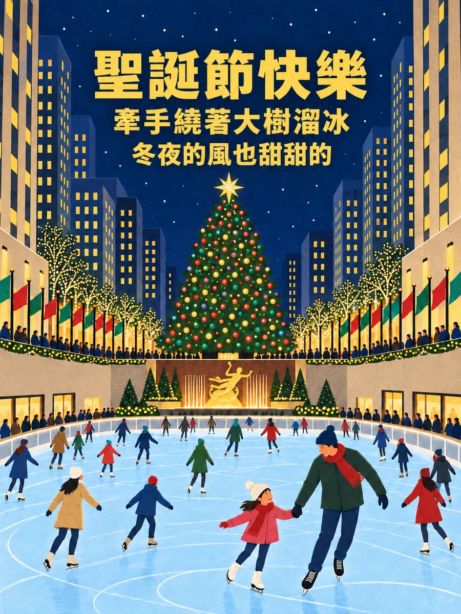 紐約溜冰場聖誕樹。圖中文字：聖誕節快樂，牽手繞著大樹溜冰，冬夜的風也甜甜的