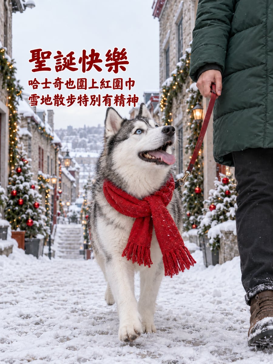魁北克雪街哈士奇。圖中文字：聖誕快樂，哈士奇也圍上紅圍巾，雪地散步特別有精神