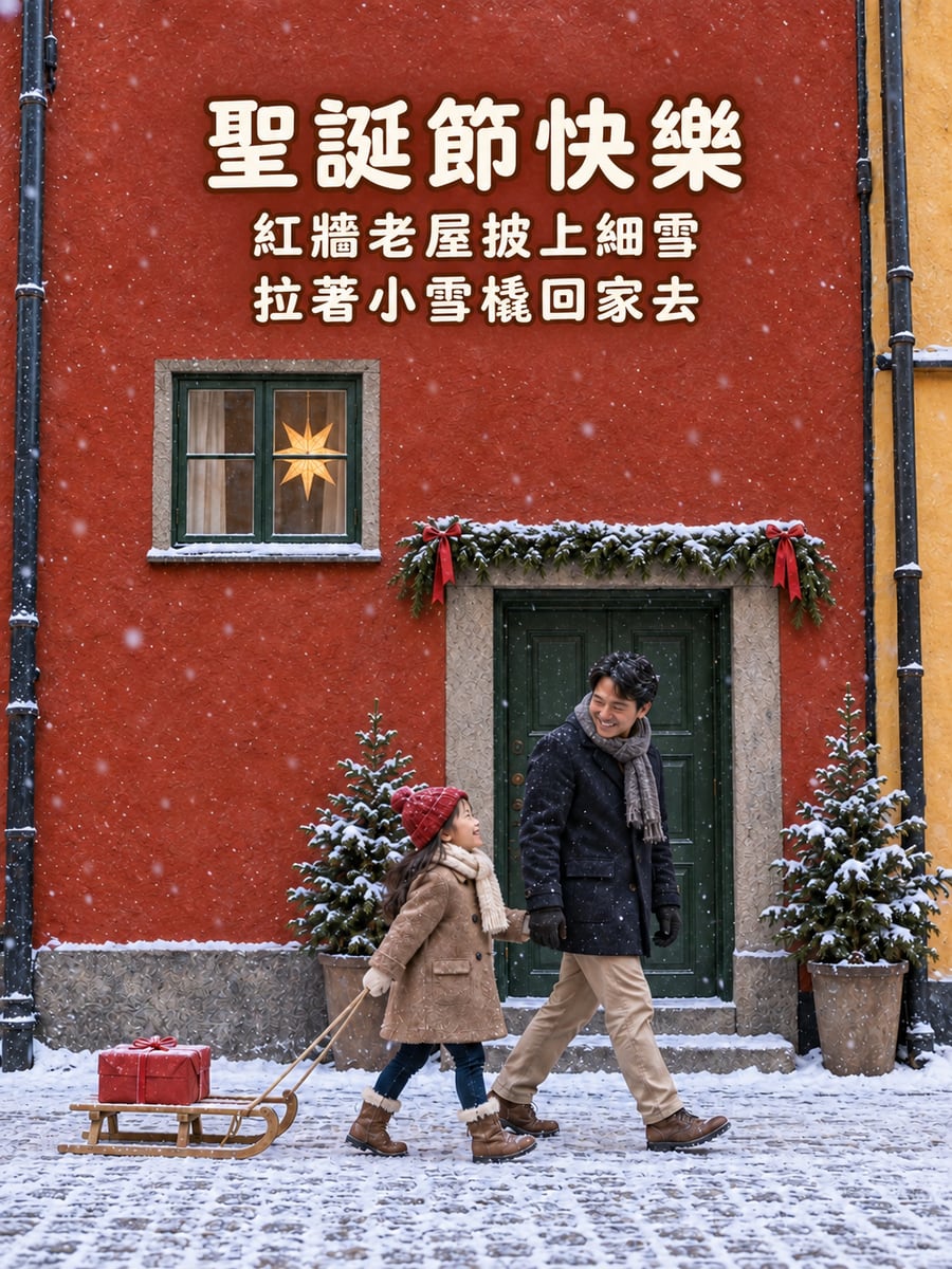 斯德哥爾摩老城門口。圖中文字：聖誕節快樂，紅牆老屋披上細雪，拉著小雪橇回家去