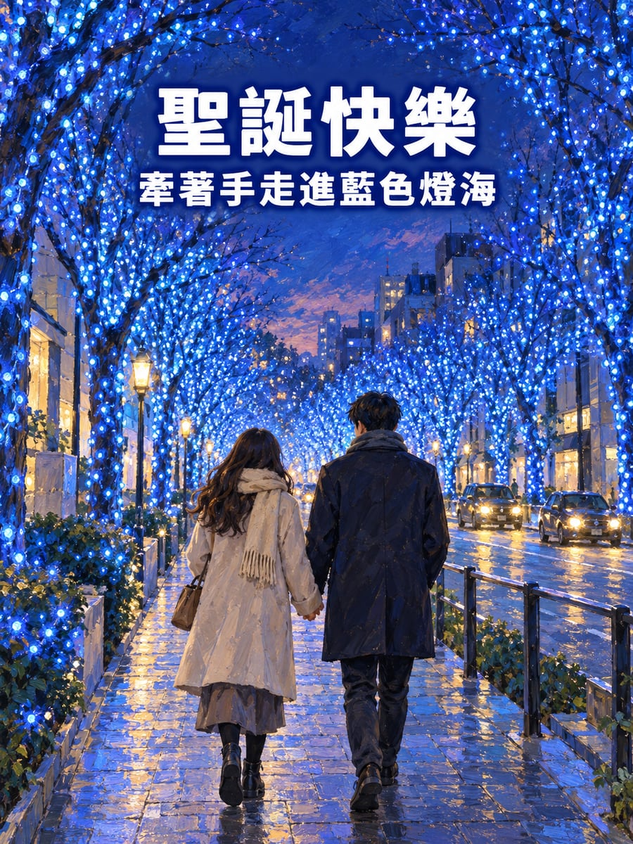 東京藍色燈海。圖中文字：聖誕快樂，牽著手走進藍色燈海