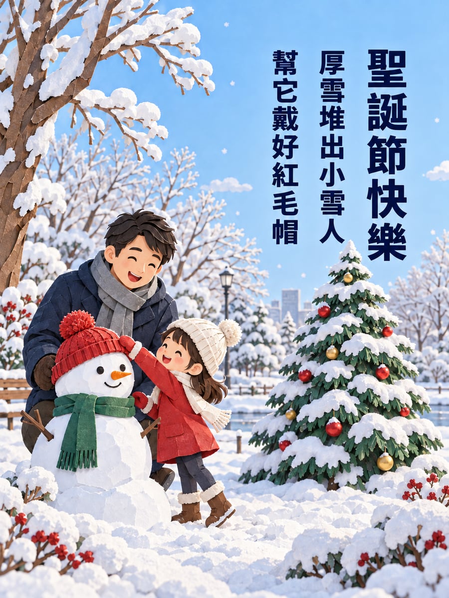 札幌雪地小雪人。圖中文字：聖誕節快樂，厚雪堆出小雪人，幫它戴好紅毛帽