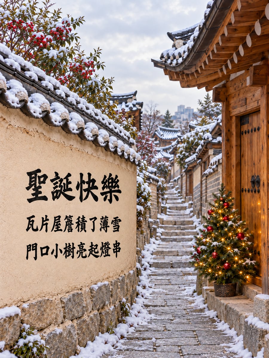 首爾韓屋雪景。圖中文字：聖誕快樂，瓦片屋簷積了薄雪，門口小樹亮起燈串