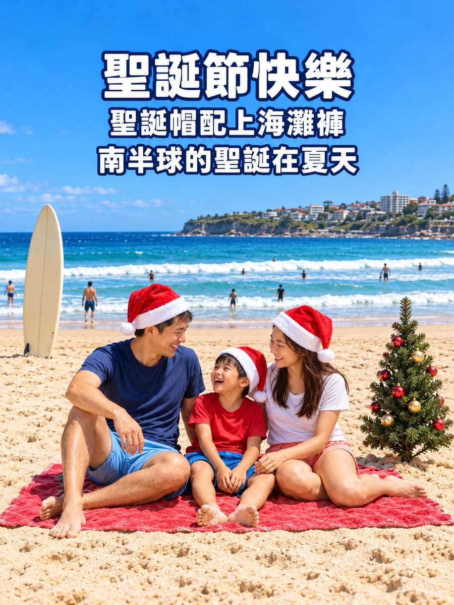 雪梨海灘夏日聖誕。圖中文字：聖誕節快樂，聖誕帽配上海灘褲，南半球的聖誕在夏天