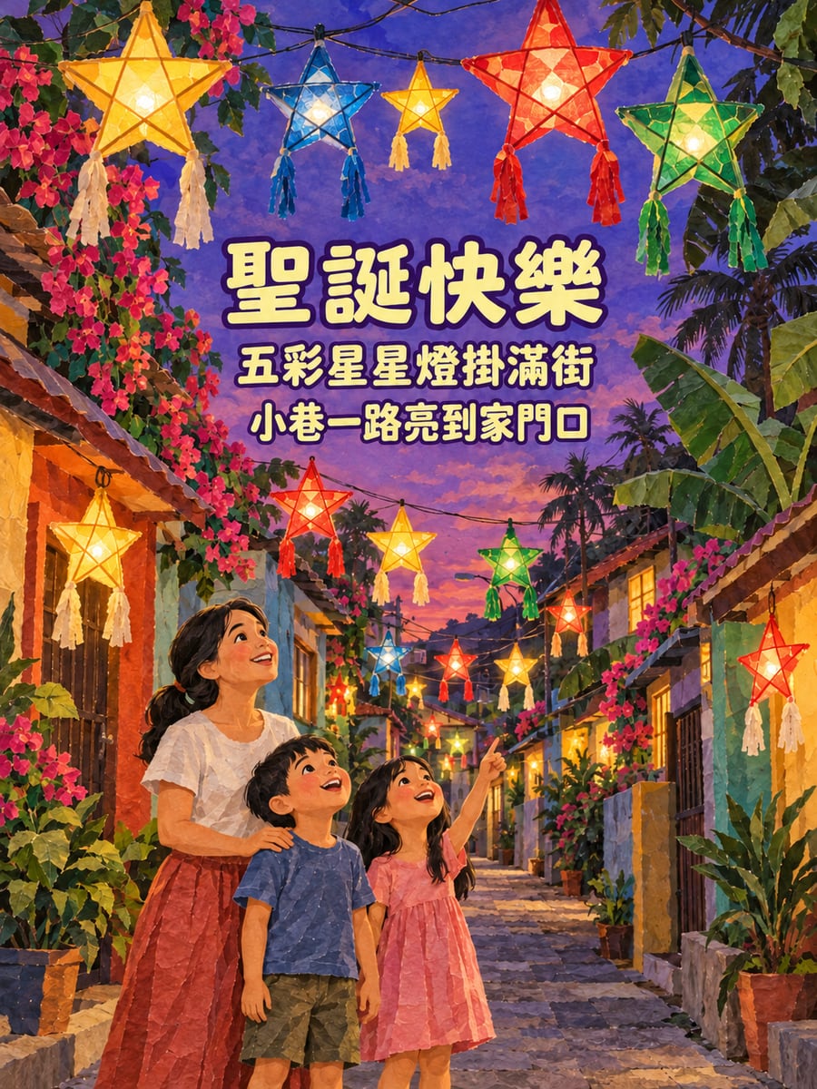 菲律賓星星燈籠。圖中文字：聖誕快樂，五彩星星燈掛滿街，小巷一路亮到家門口