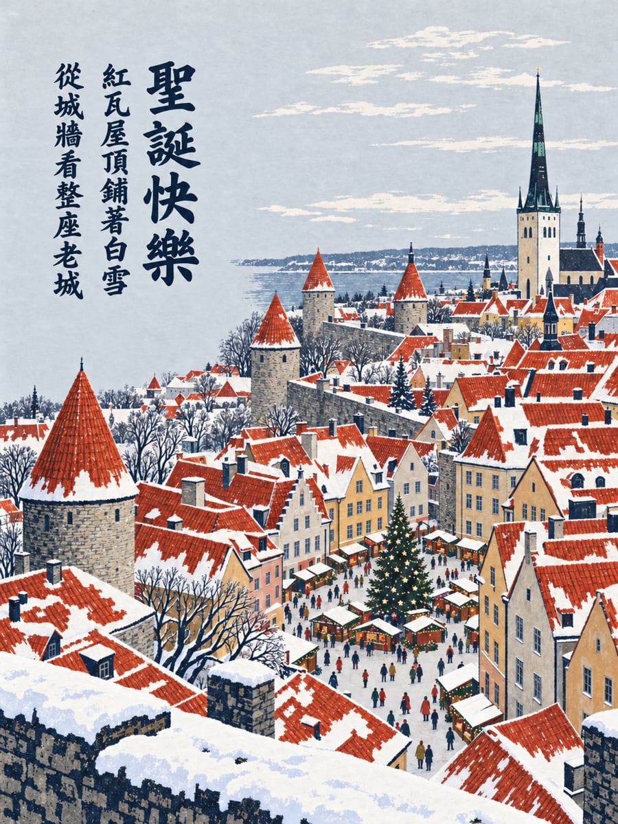 塔林紅屋頂雪景。圖中文字：聖誕快樂，紅瓦屋頂鋪著白雪，從城牆看整座老城