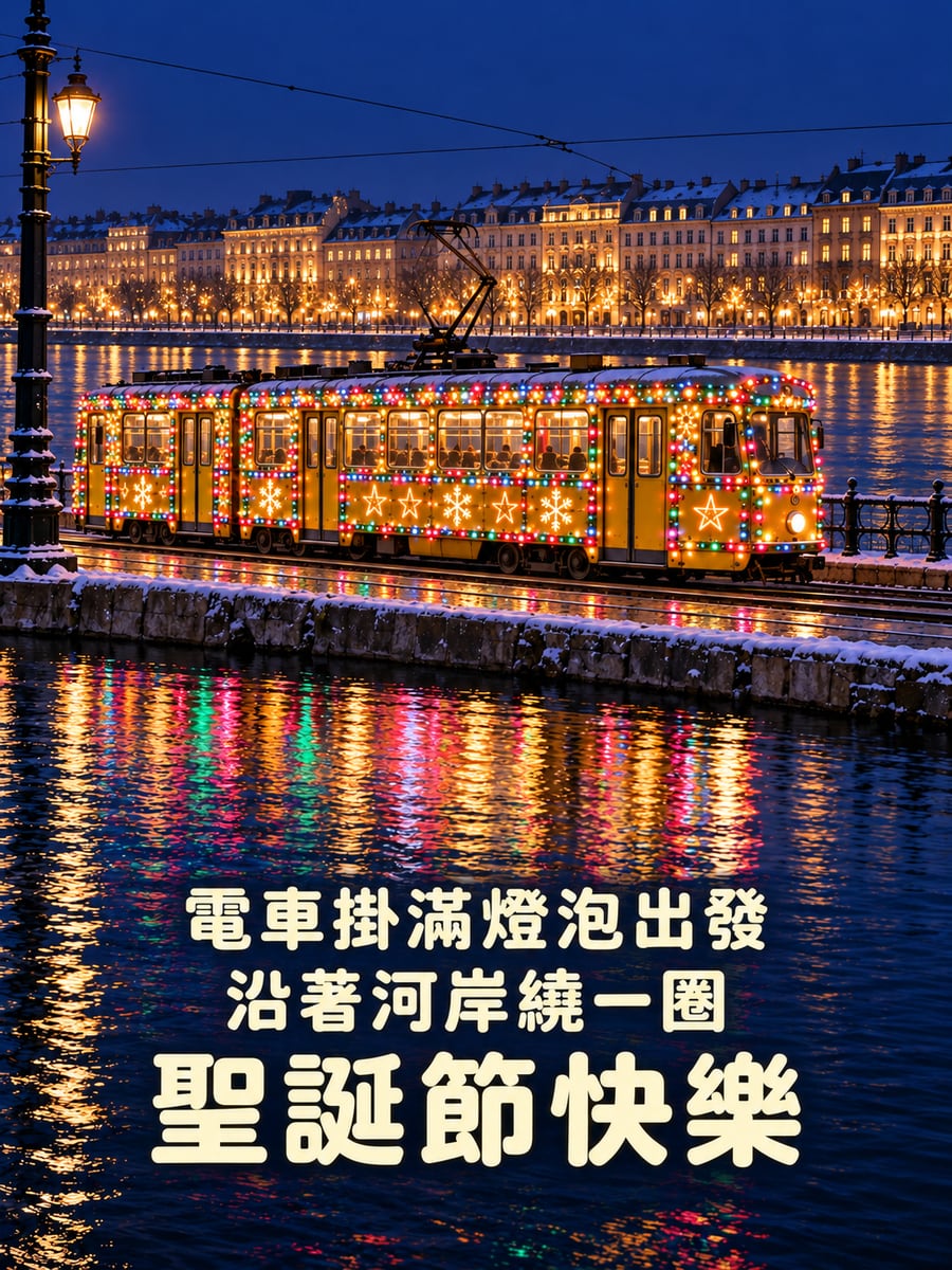 布達佩斯點燈電車。圖中文字：聖誕節快樂，電車掛滿燈泡出發，沿著河岸繞一圈