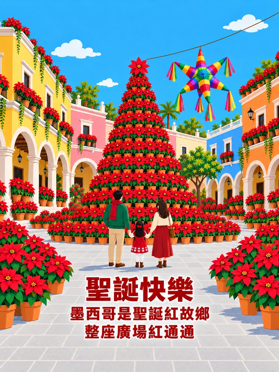 墨西哥聖誕紅廣場。圖中文字：聖誕快樂，墨西哥是聖誕紅故鄉，整座廣場紅通通
