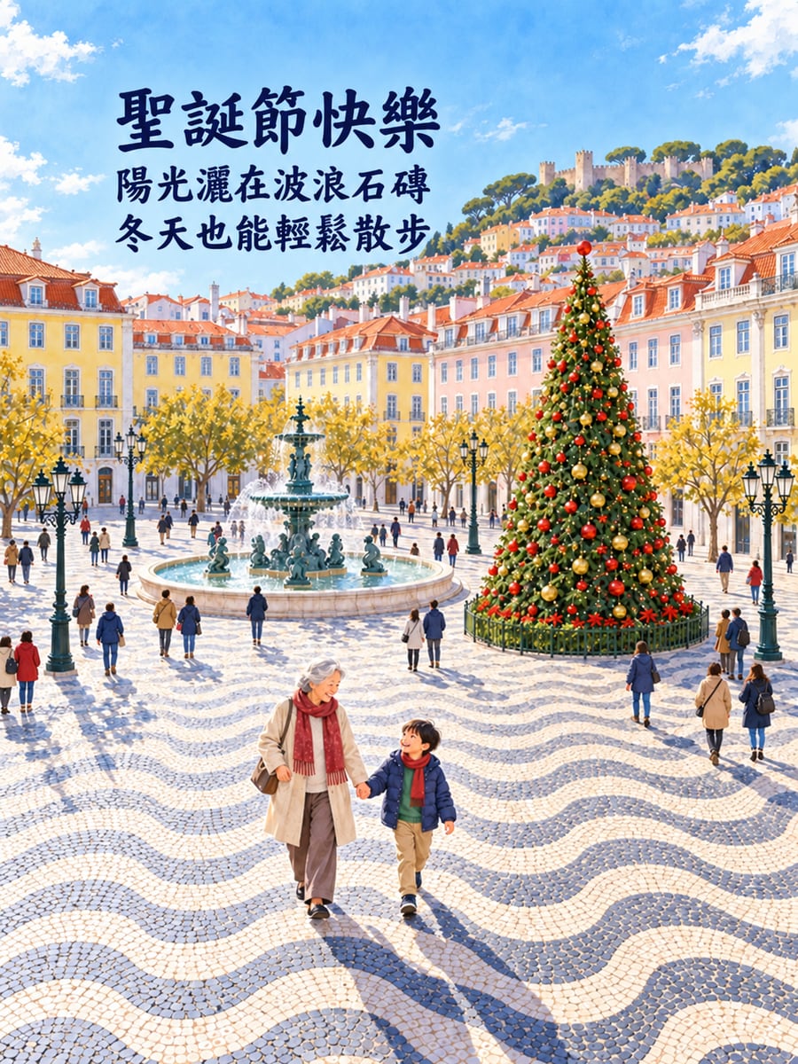 里斯本波浪廣場。圖中文字：聖誕節快樂，陽光灑在波浪石磚，冬天也能輕鬆散步