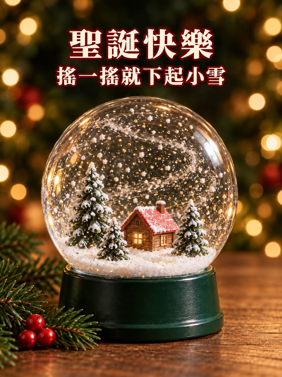 雪景水晶球。圖中文字：聖誕快樂，搖一搖就下起小雪