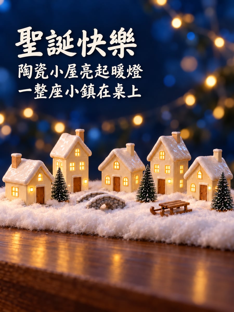 陶瓷聖誕小鎮。圖中文字：聖誕快樂，陶瓷小屋亮起暖燈，一整座小鎮在桌上