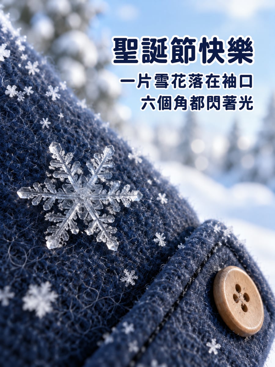 袖口上的雪花。圖中文字：聖誕節快樂，一片雪花落在袖口，六個角都閃著光