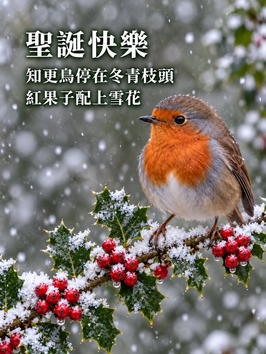 知更鳥與冬青。圖中文字：聖誕快樂，知更鳥停在冬青枝頭，紅果子配上雪花