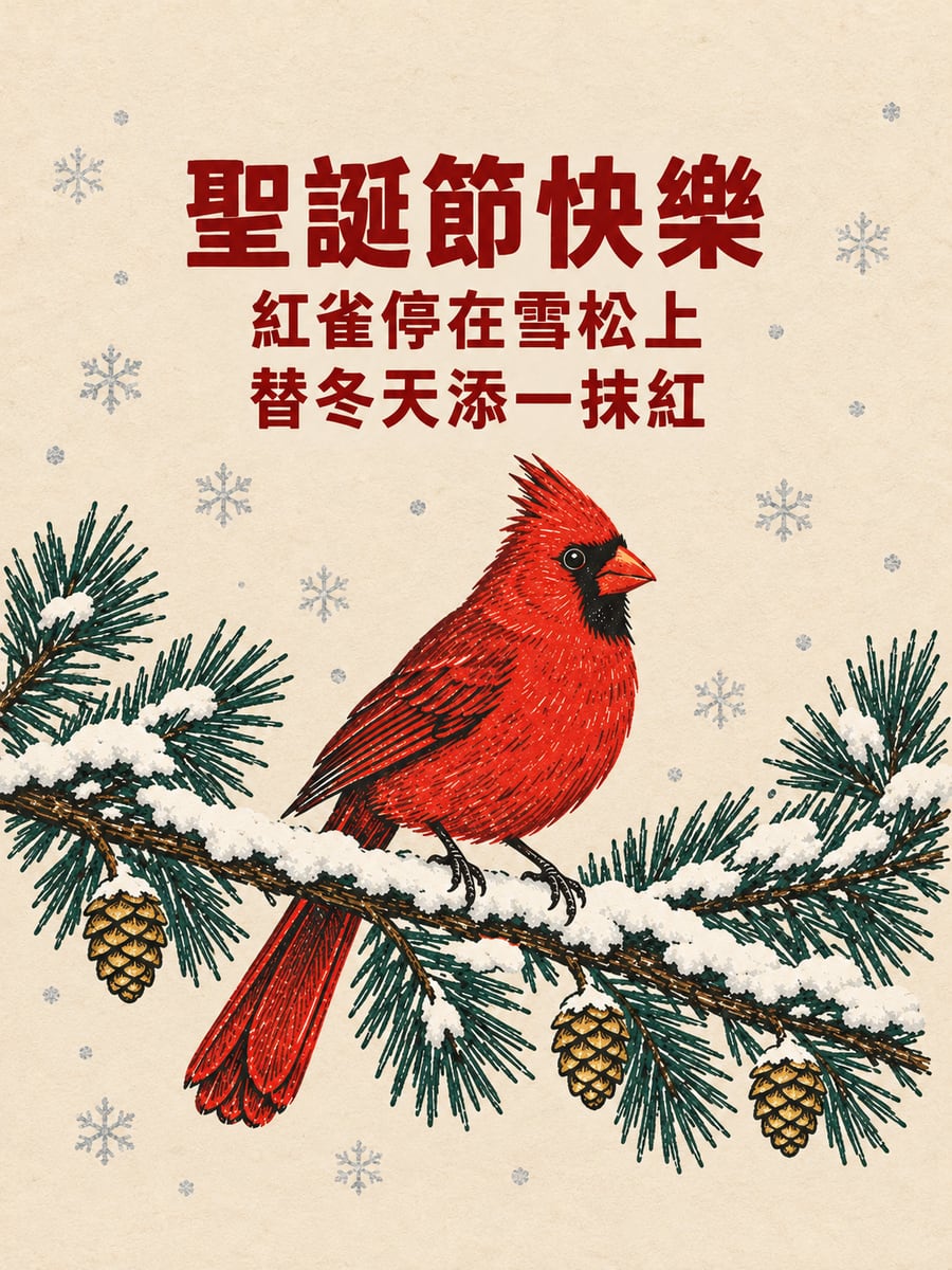 紅雀與雪松枝。圖中文字：聖誕節快樂，紅雀停在雪松上，替冬天添一抹紅