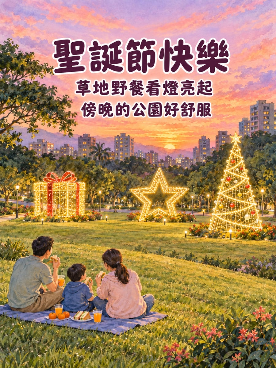 公園草地野餐看聖誕燈飾。圖中文字：聖誕節快樂，草地野餐看燈亮起，傍晚的公園好舒服