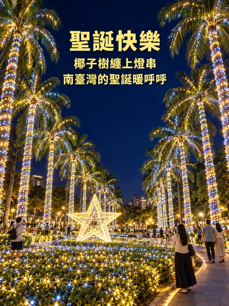 屏東椰林燈海。圖中文字：聖誕快樂，椰子樹纏上燈串，南臺灣的聖誕暖呼呼