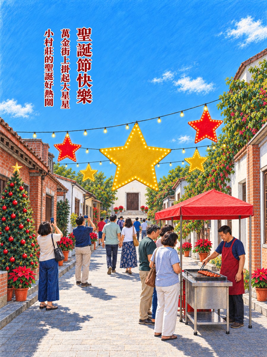 萬金聖母聖殿。圖中文字：聖誕節快樂，萬金街上掛起大星星，小村莊的聖誕好熱鬧