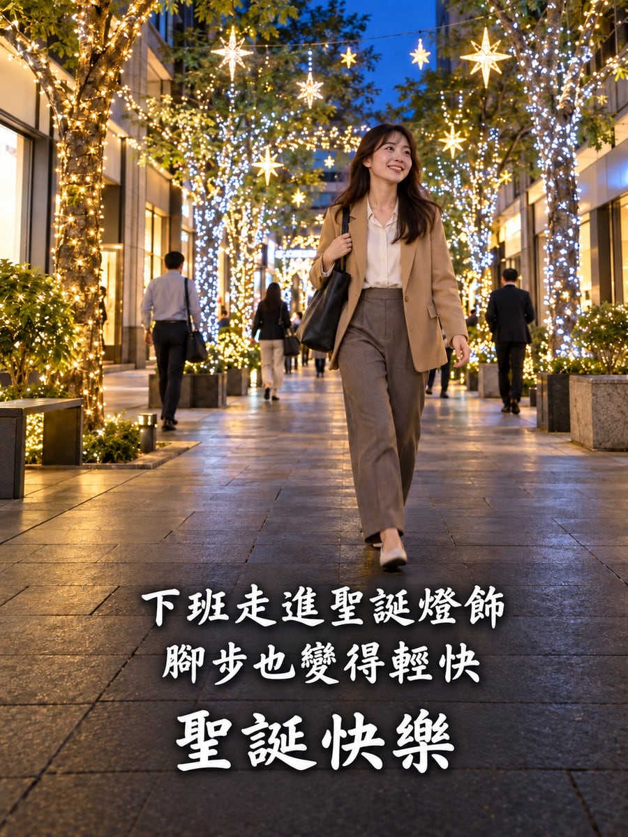 信義區街頭燈飾。圖中文字：聖誕快樂，下班走進聖誕燈飾，腳步也變得輕快