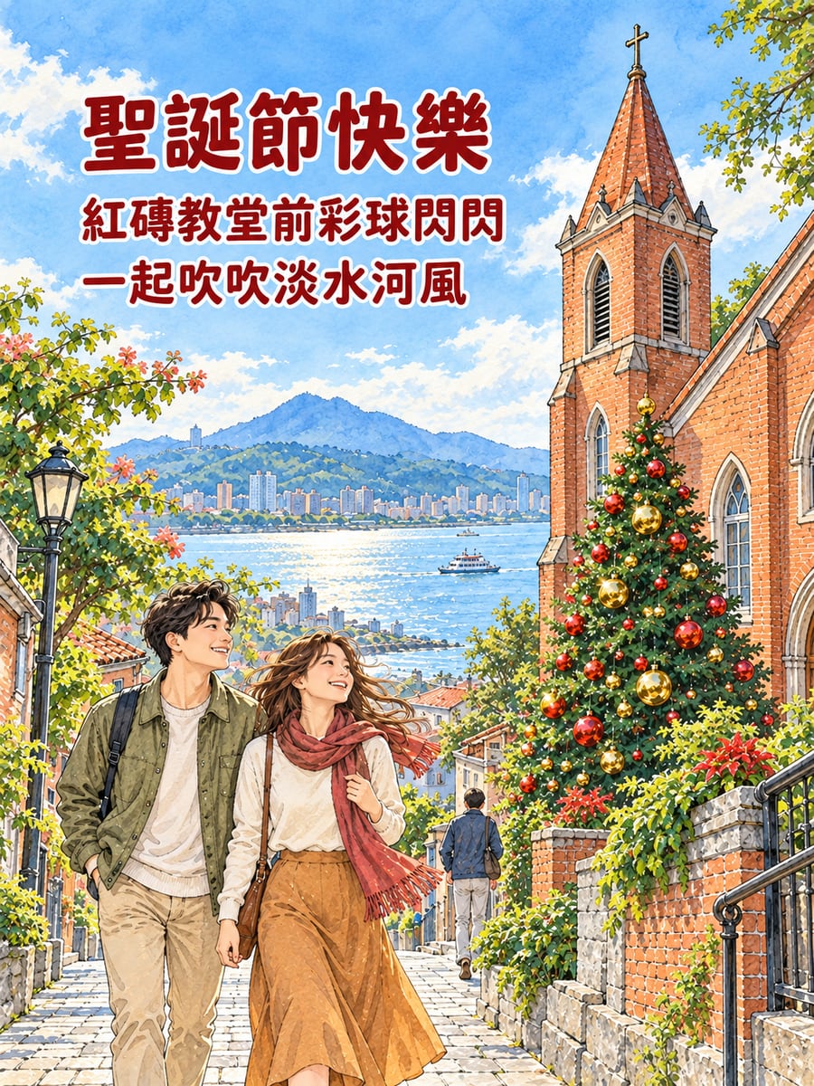 淡水紅磚教堂聖誕。圖中文字：聖誕節快樂，紅磚教堂前彩球閃閃，一起吹吹淡水河風
