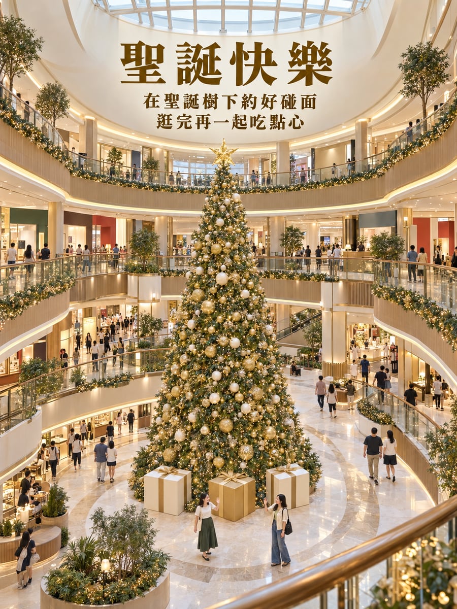 百貨中庭大聖誕樹。圖中文字：聖誕快樂，在聖誕樹下約好碰面，逛完再一起吃點心