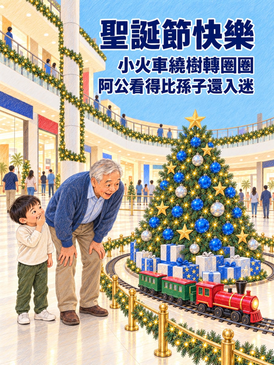 繞樹小火車。圖中文字：聖誕節快樂，小火車繞樹轉圈圈，阿公看得比孫子還入迷