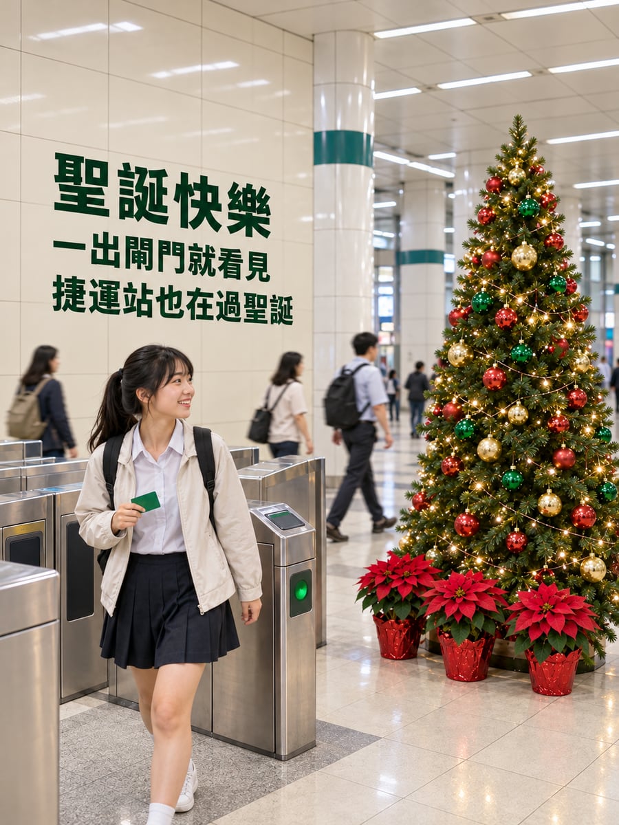 捷運站聖誕樹。圖中文字：聖誕快樂，一出閘門就看見，捷運站也在過聖誕
