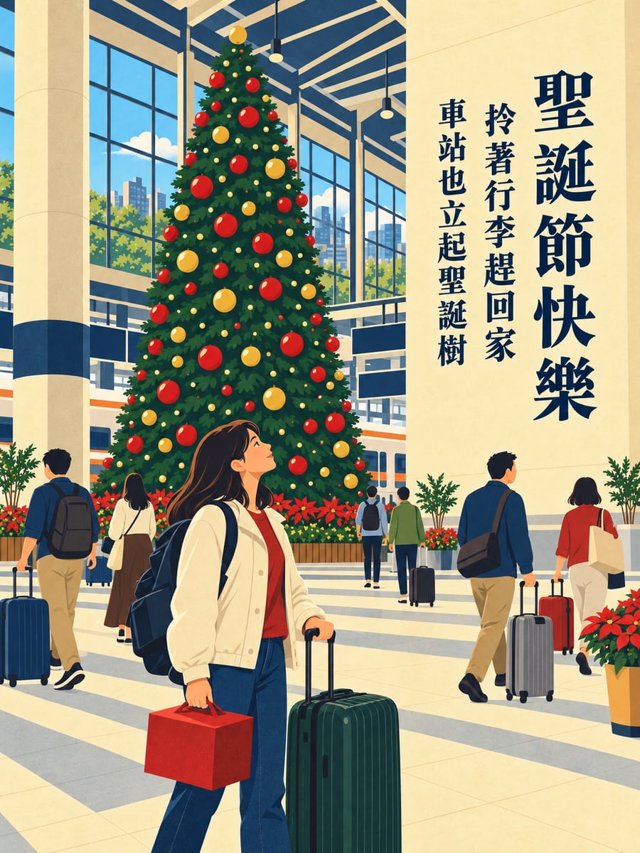 火車站大廳聖誕樹。圖中文字：聖誕節快樂，拎著行李趕回家，車站也立起聖誕樹