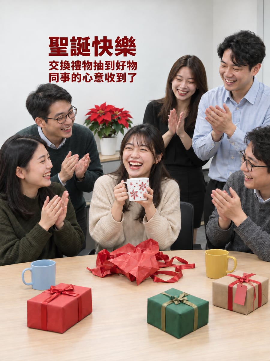 辦公室交換禮物。圖中文字：聖誕快樂，交換禮物抽到好物，同事的心意收到了