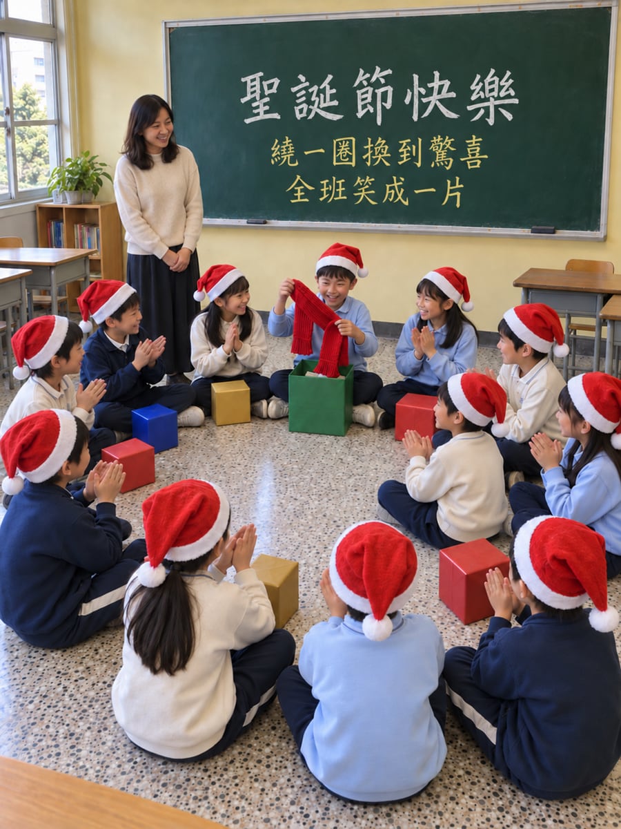 班上交換禮物。圖中文字：聖誕節快樂，繞一圈換到驚喜，全班笑成一片