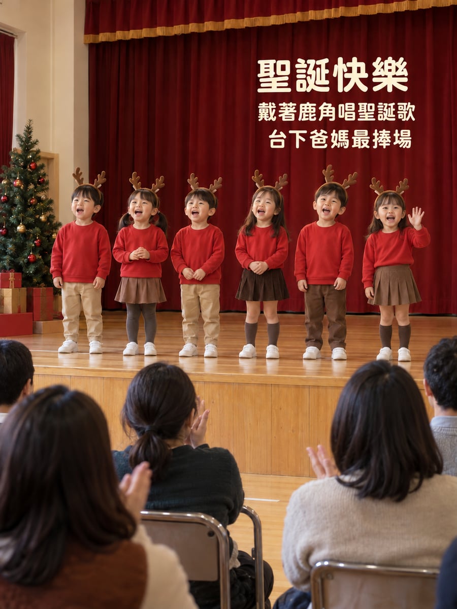 幼兒園聖誕表演。圖中文字：聖誕快樂，戴著鹿角唱聖誕歌，台下爸媽最捧場