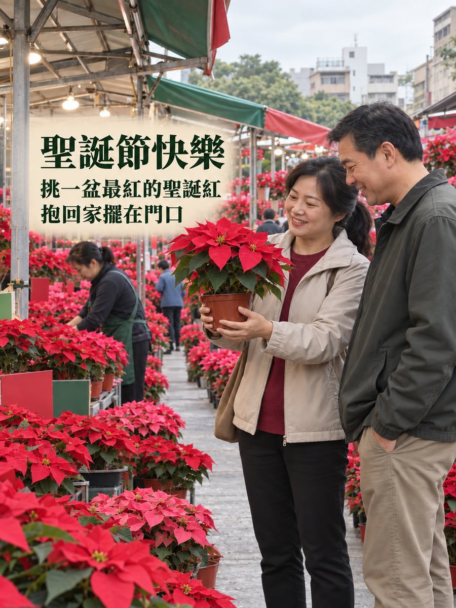 花市挑聖誕紅。圖中文字：聖誕節快樂，挑一盆最紅的聖誕紅，抱回家擺在門口