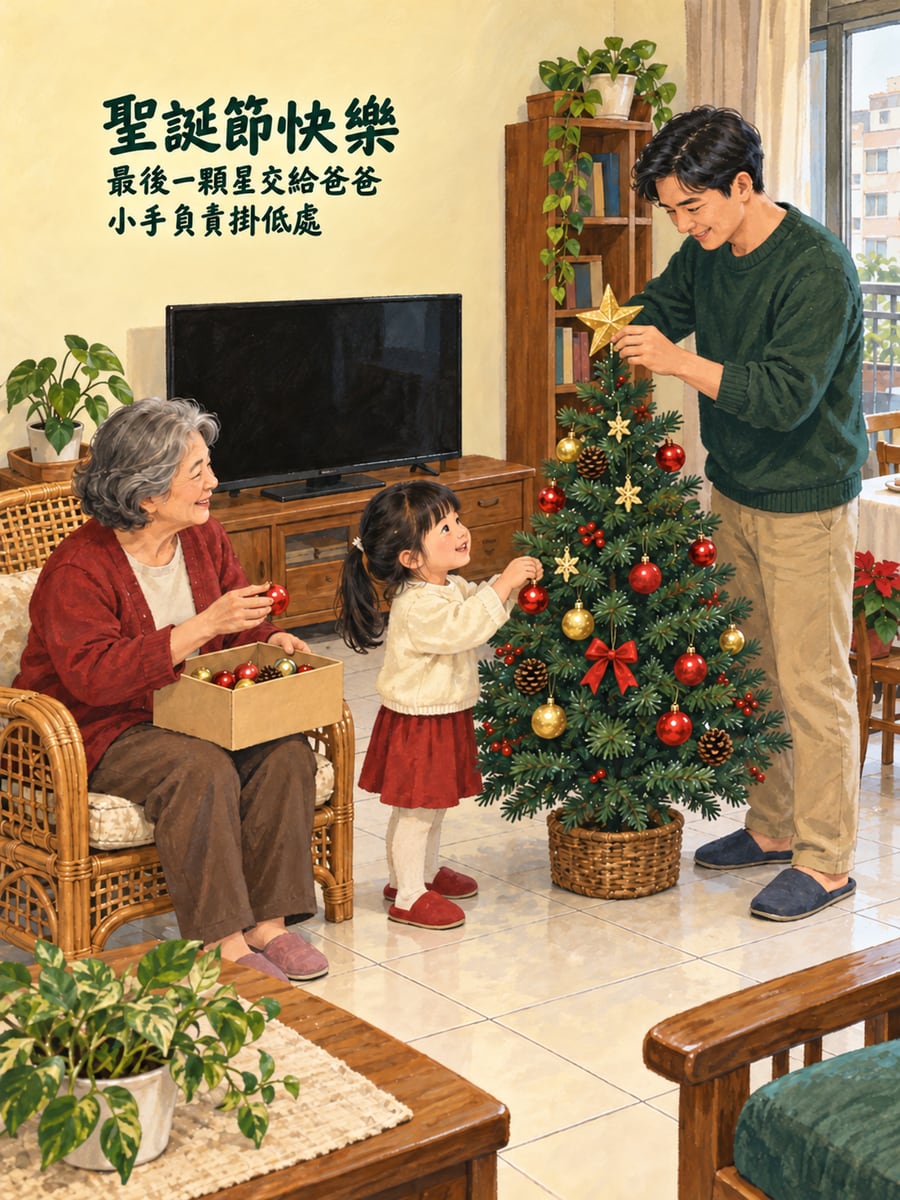全家布置小聖誕樹。圖中文字：聖誕節快樂，最後一顆星交給爸爸，小手負責掛低處