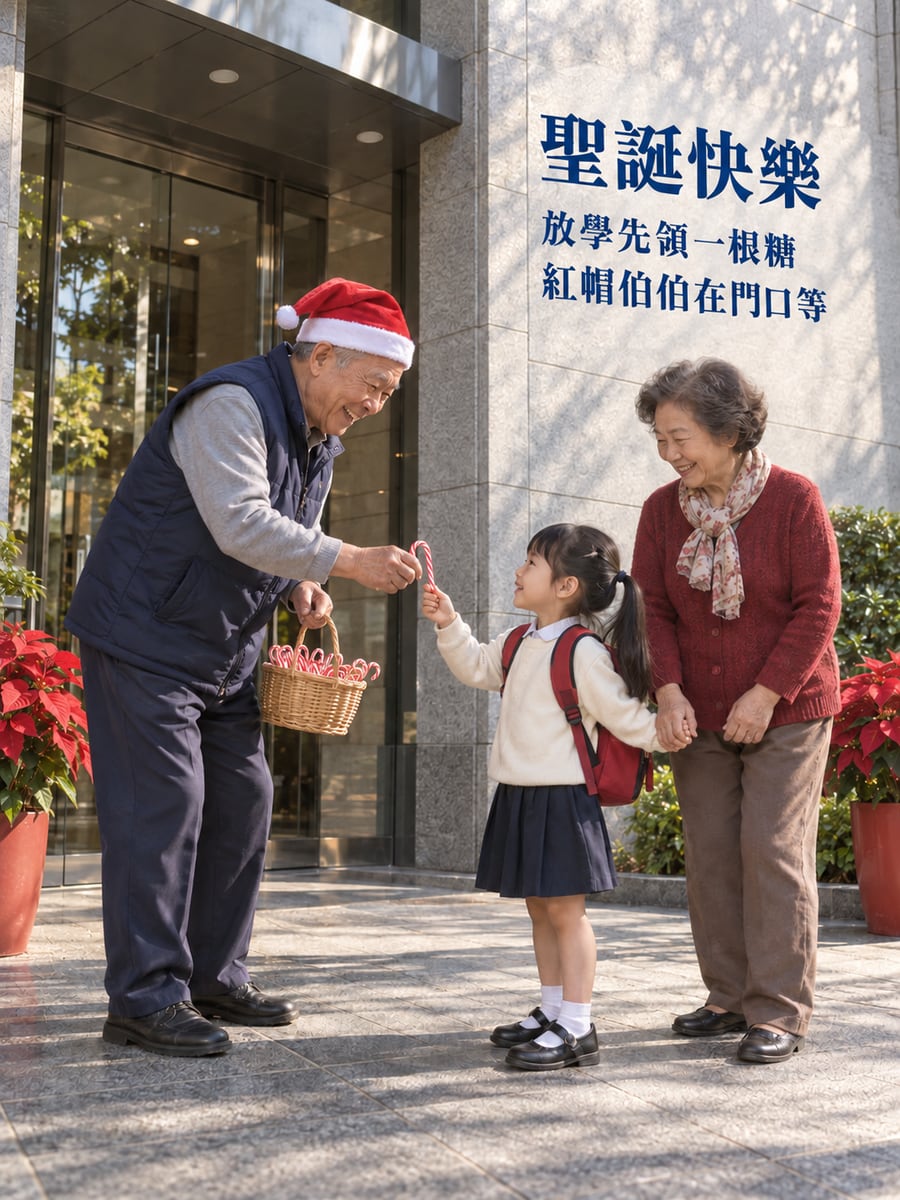門口的紅帽伯伯。圖中文字：聖誕快樂，放學先領一根糖，紅帽伯伯在門口等