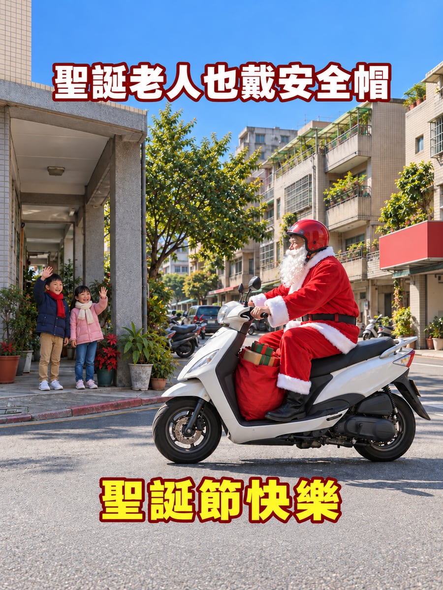 騎機車的聖誕老人。圖中文字：聖誕節快樂，聖誕老人也戴安全帽