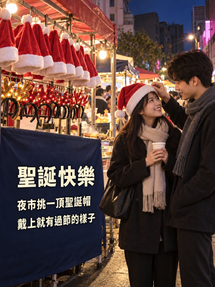 夜市試戴聖誕帽。圖中文字：聖誕快樂，夜市挑一頂聖誕帽，戴上就有過節的樣子