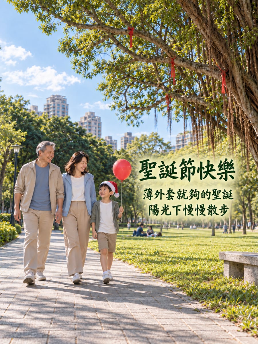 穿薄外套散步。圖中文字：聖誕節快樂，薄外套就夠的聖誕，陽光下慢慢散步
