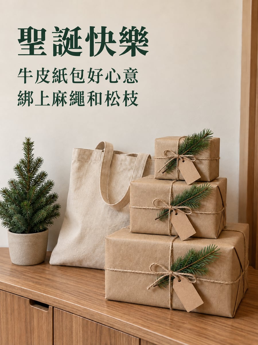 玄關的牛皮紙禮物。圖中文字：聖誕快樂，牛皮紙包好心意，綁上麻繩和松枝