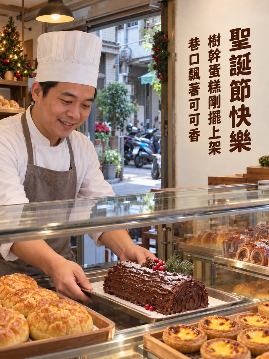 麵包店的樹幹蛋糕。圖中文字：聖誕節快樂，樹幹蛋糕剛擺上架，巷口飄著可可香