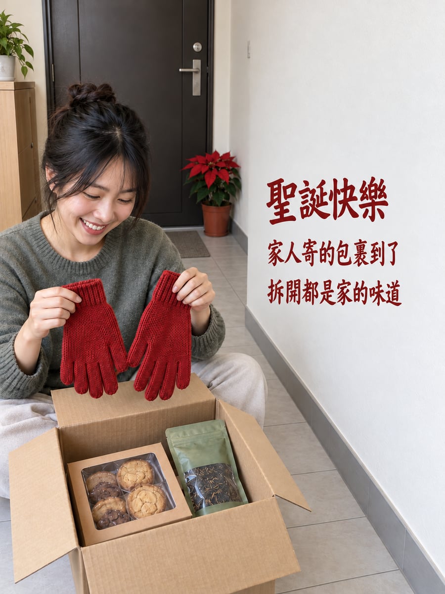 家人寄來的包裹。圖中文字：聖誕快樂，家人寄的包裹到了，拆開都是家的味道