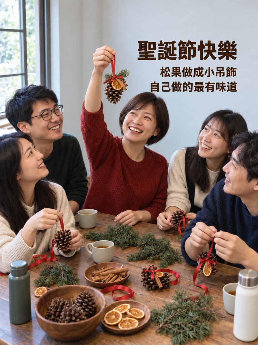 松果吊飾手作課。圖中文字：聖誕節快樂，松果做成小吊飾，自己做的最有味道