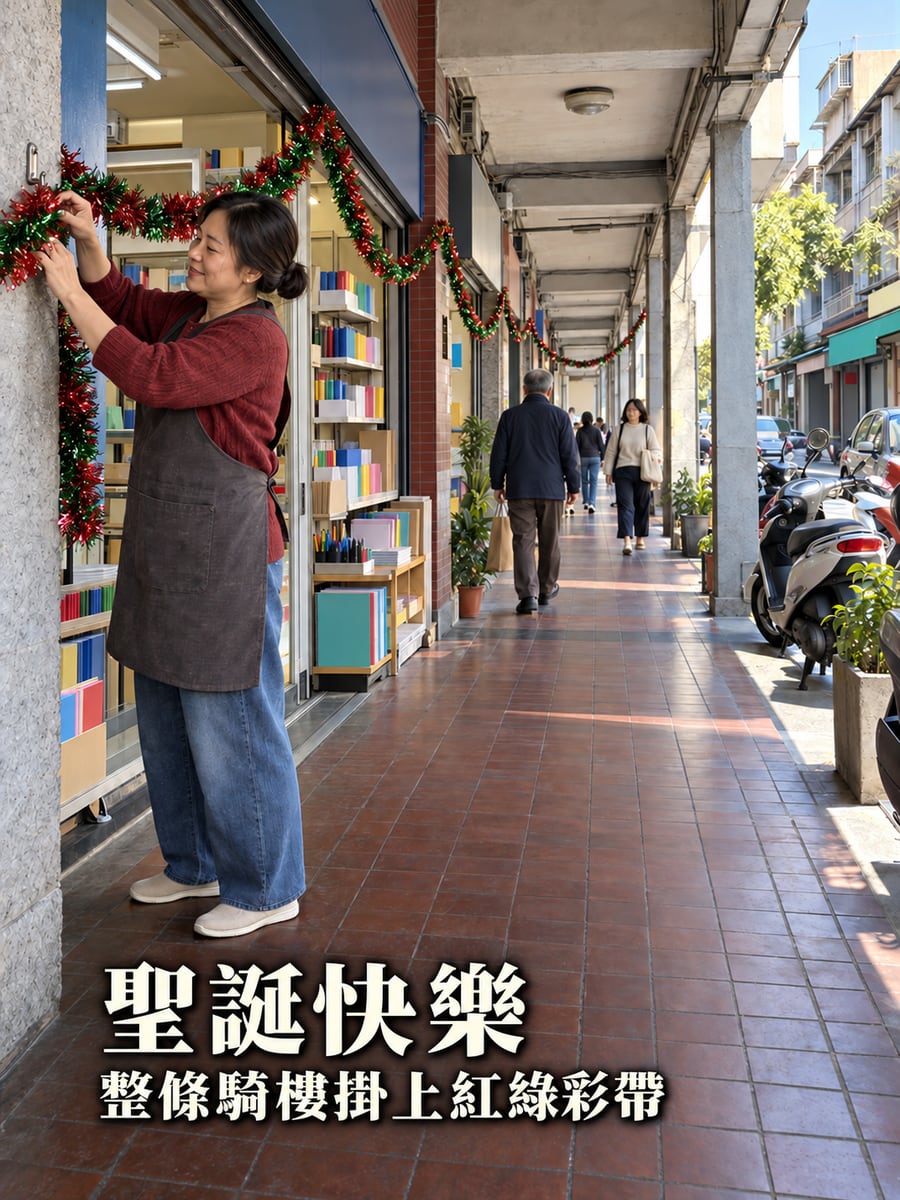 騎樓掛上彩帶。圖中文字：聖誕快樂，整條騎樓掛上紅綠彩帶
