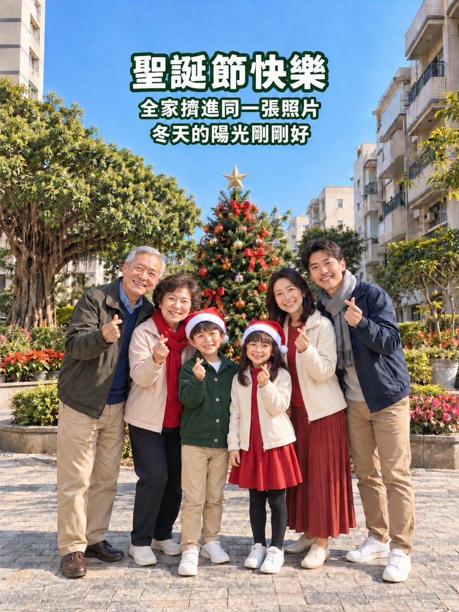 社區聖誕樹前合照。圖中文字：聖誕節快樂，全家擠進同一張照片，冬天的陽光剛剛好