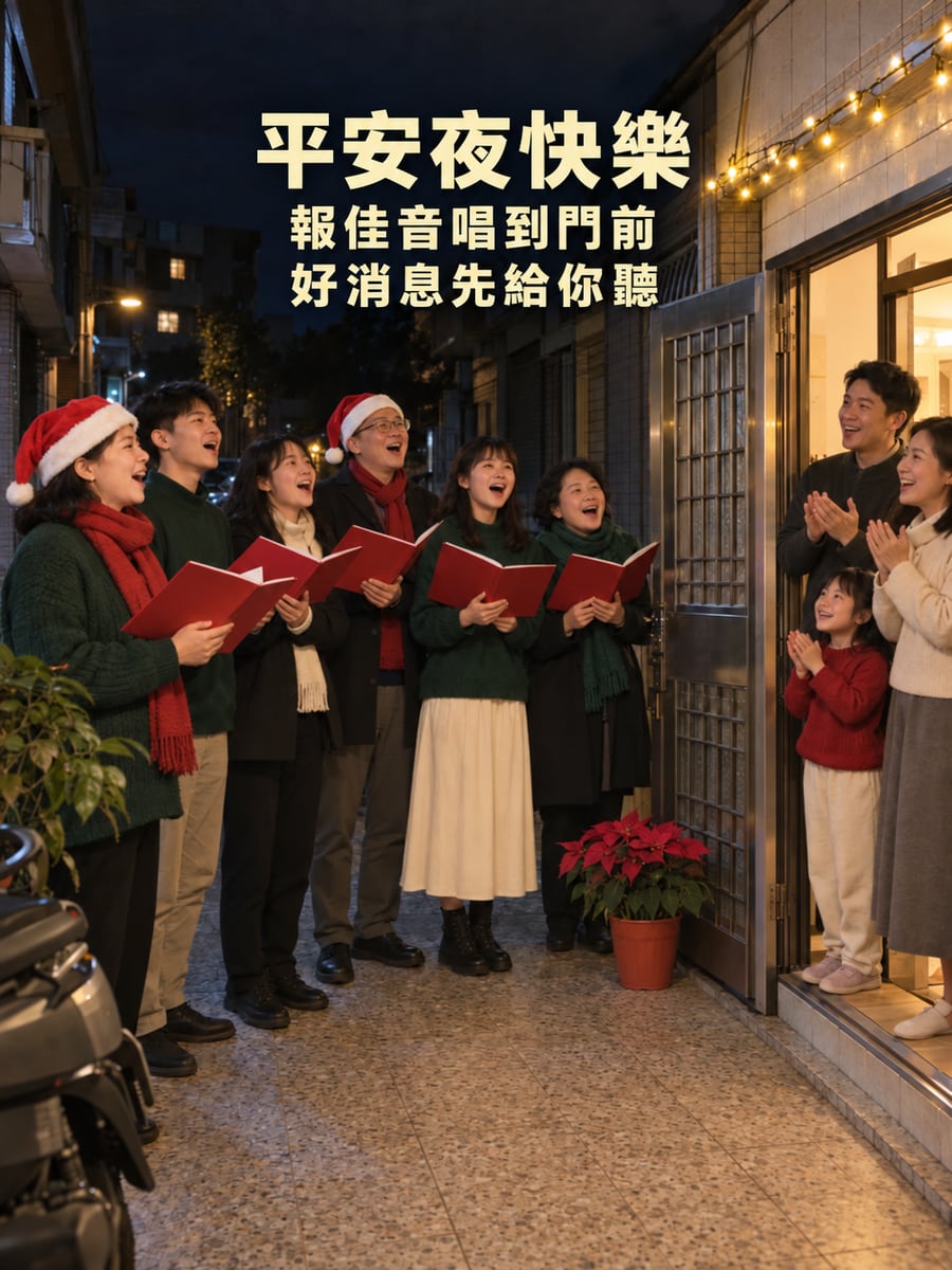 報佳音唱到家門口。圖中文字：平安夜快樂，報佳音唱到門前，好消息先給你聽