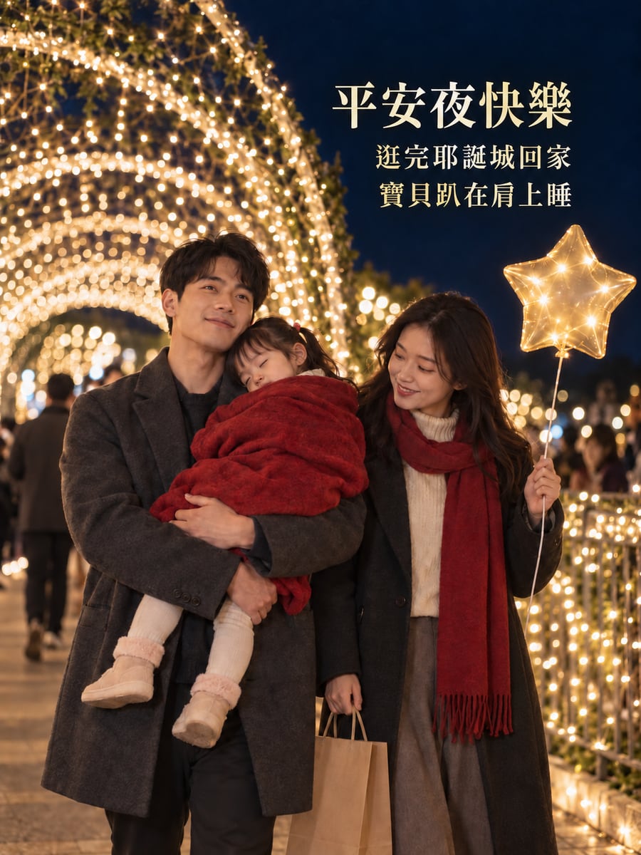 逛完耶誕城回家。圖中文字：平安夜快樂，逛完耶誕城回家，寶貝趴在肩上睡
