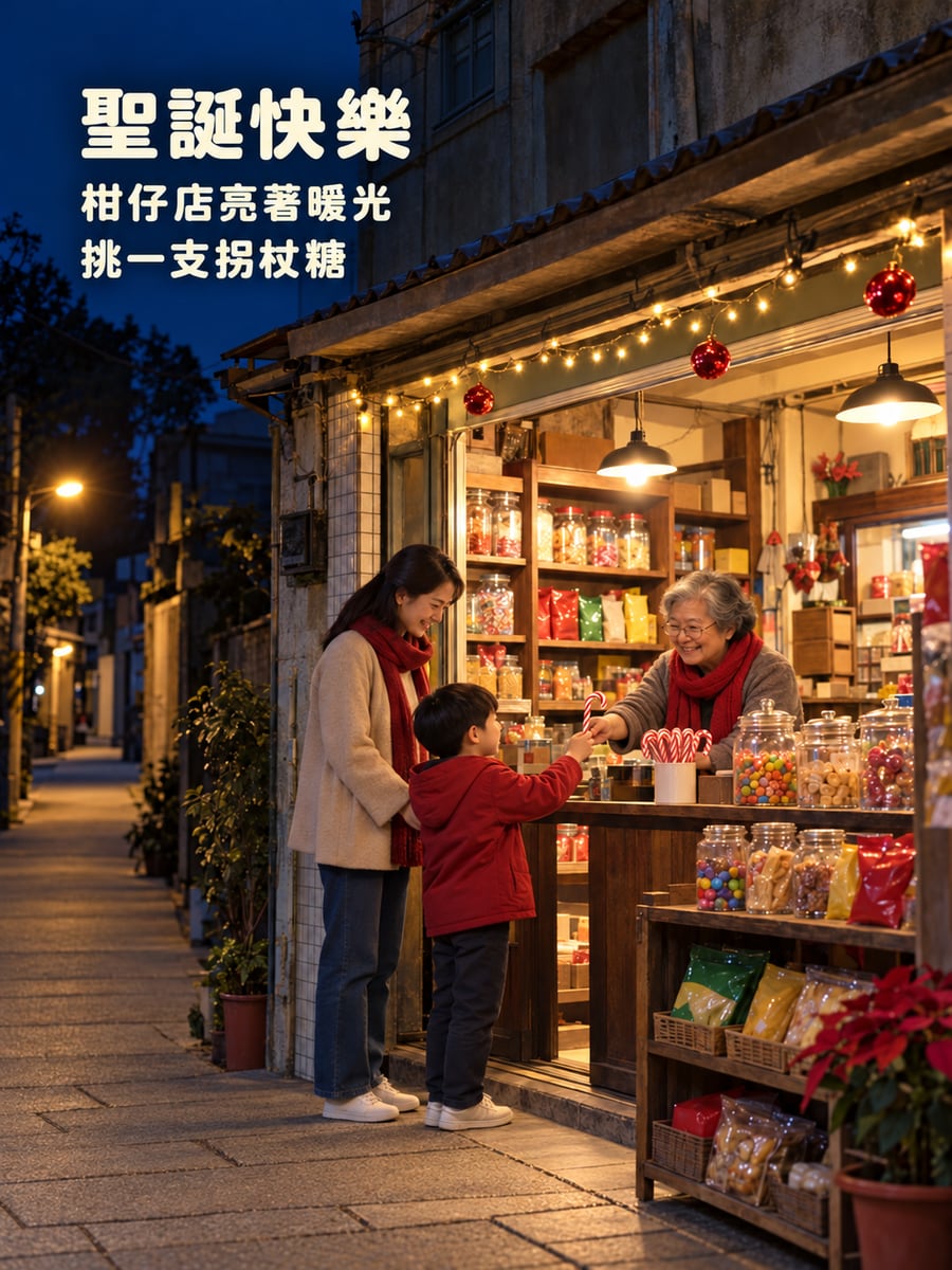 柑仔店的平安夜。圖中文字：聖誕快樂，柑仔店亮著暖光，挑一支拐杖糖