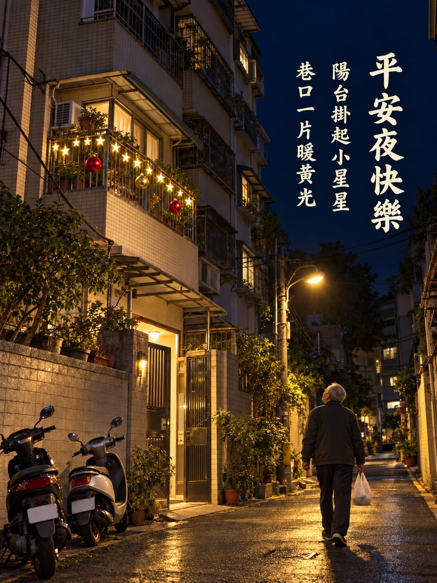 巷弄陽台星星燈。圖中文字：平安夜快樂，陽台掛起小星星，巷口一片暖黃光