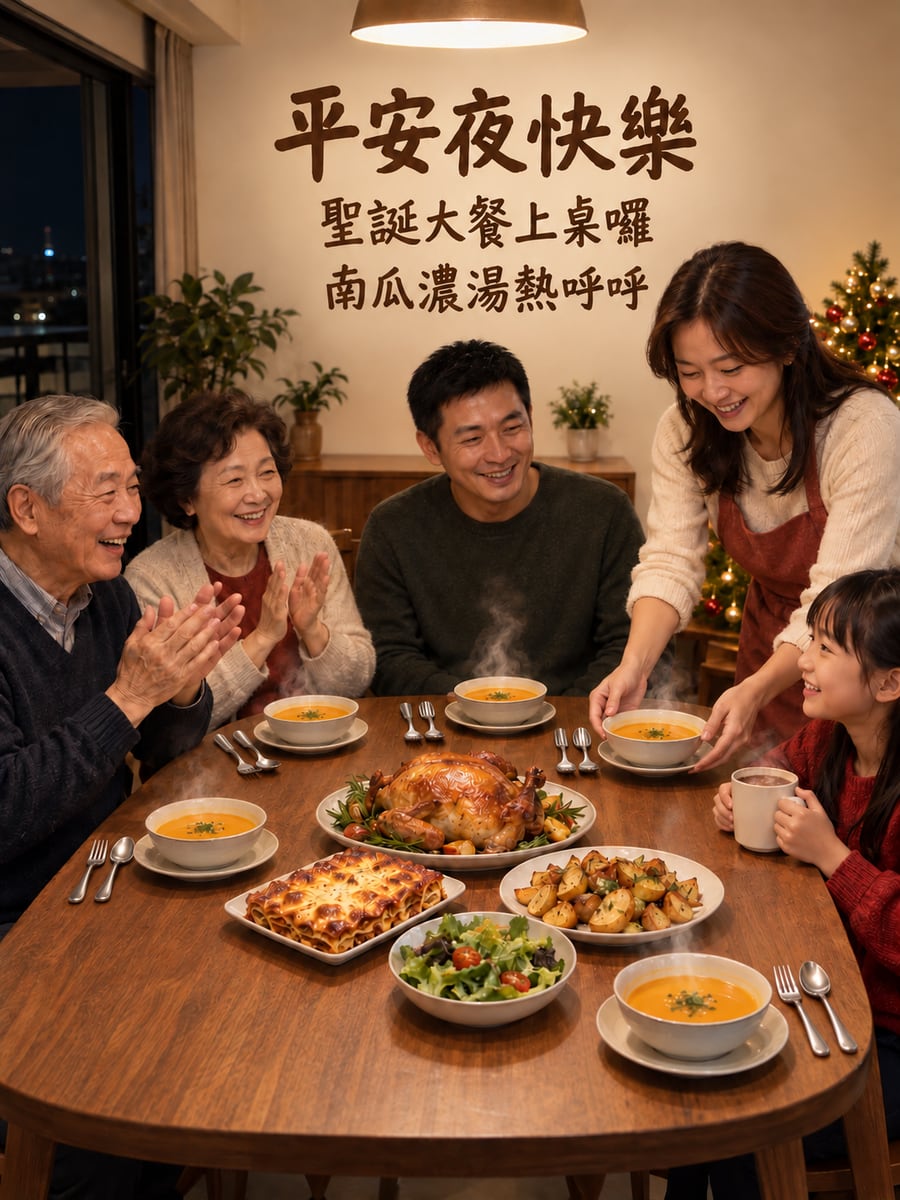 圍著小聖誕樹吃大餐。圖中文字：平安夜快樂，聖誕大餐上桌囉，南瓜濃湯熱呼呼