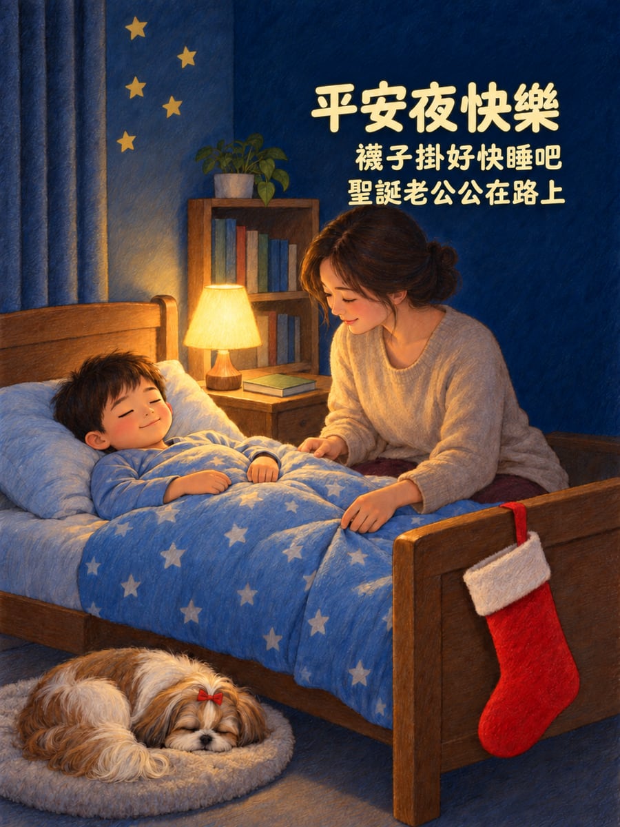 掛好聖誕襪睡覺囉。圖中文字：平安夜快樂，襪子掛好快睡吧，聖誕老公公在路上